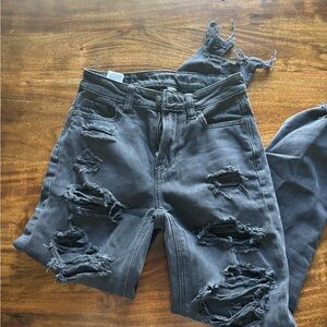 American Eagle washed black distressed mom jeans